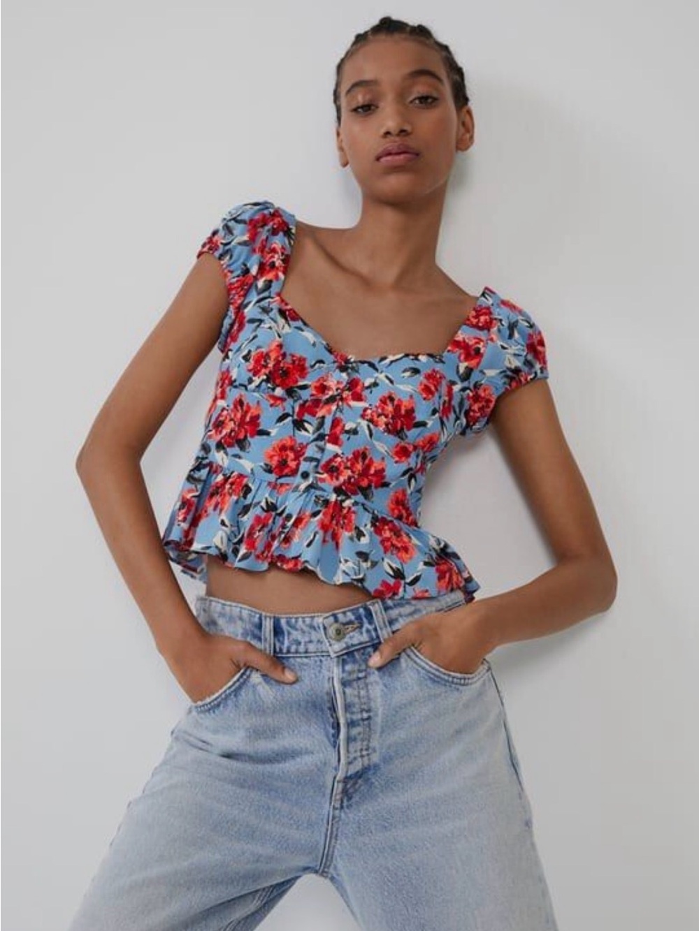 Zara Floral Cottagecore Coquette Sweatheart Cropped Peplum Top size medium